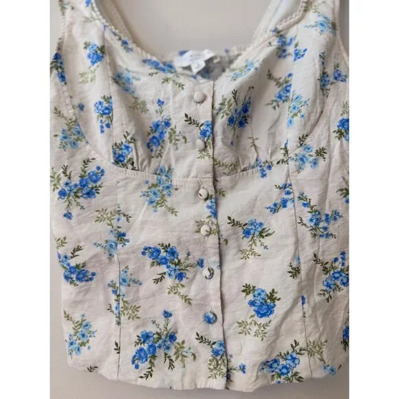 Kirious Floral Button Front Corset Tank Top Ivory Blue Green Smocked Back Size S - Picture 6 of 6
